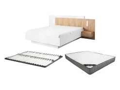 Vente-unique Lit avec chevets 160 x 200 cm - 2 tiroirs - Avec LEDs - Blanc et naturel + Sommier + Matelas - FRANCOLI