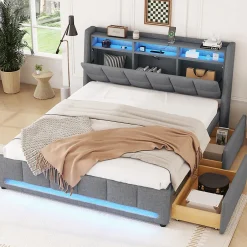 Okwish Lit avec rangement 140 x 200 cm - Lit Double avec 2 Tiroirs et Prise USB - Lin - Sans Matelas - Gris