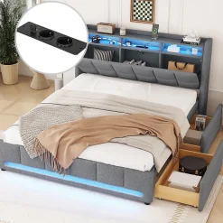 Okwish Lit avec rangement 140 x 200 cm - Lit Double avec 2 Tiroirs et Prise USB - Lin - Sans Matelas - Gris