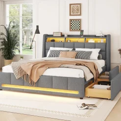 Okwish Lit avec rangement 140 x 200 cm - Lit Double avec 2 Tiroirs et Prise USB - Lin - Sans Matelas - Gris