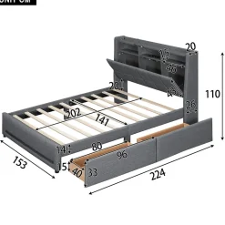 Okwish Lit avec rangement 140 x 200 cm - Lit Double avec 2 Tiroirs et Prise USB - Lin - Sans Matelas - Gris
