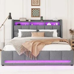 Okwish Lit avec rangement 140 x 200 cm - Lit Double avec 2 Tiroirs et Prise USB - Lin - Sans Matelas - Gris