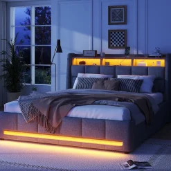 Okwish Lit avec rangement 140 x 200 cm - Lit Double avec 2 Tiroirs et Prise USB - Lin - Sans Matelas - Gris