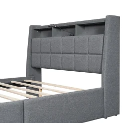 Okwish Lit avec rangement 140 x 200 cm - Lit Double avec 2 Tiroirs et Prise USB - Lin - Sans Matelas - Gris