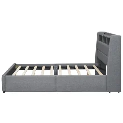 Okwish Lit avec rangement 140 x 200 cm - Lit Double avec 2 Tiroirs et Prise USB - Lin - Sans Matelas - Gris