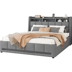 Okwish Lit avec rangement 140 x 200 cm - Lit Double avec 2 Tiroirs et Prise USB - Lin - Sans Matelas - Gris
