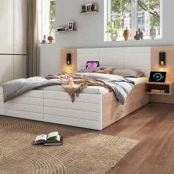 Okwish Lit avec rangement 180 x 200 cm - Lit Double avec Lampes et USB - Bois MDF - Sans Matelas - Blanc Chêne Best