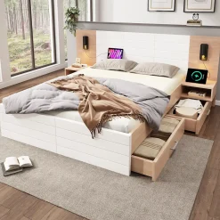 Okwish Lit avec rangement 180 x 200 cm - Lit Double avec Lampes et USB - Bois MDF - Sans Matelas - Blanc Chêne Best
