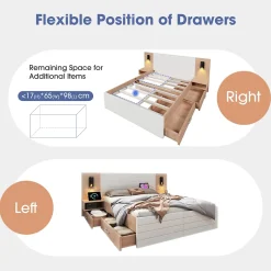 Okwish Lit avec rangement 180 x 200 cm - Lit Double avec Lampes et USB - Bois MDF - Sans Matelas - Blanc Chêne Best