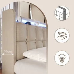 Okwish Lit avec rangement 180 x 200 cm - Lit Double avec Ports USB et LED - Lin Bois Métal - Sans Matelas - Beige