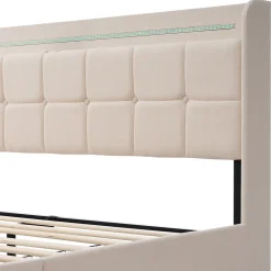 Okwish Lit avec rangement 180 x 200 cm - Lit Double avec Ports USB et LED - Lin Bois Métal - Sans Matelas - Beige