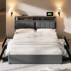 Generique Lit avec rangement 160 x 200 cm - Lit avec 4 tiroirs et tête de lit avec prise USB-C - Lin + Bois massif - Sans Matelas - Gris