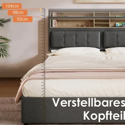 Generique Lit avec rangement 160 x 200 cm - Lit avec 4 tiroirs et tête de lit avec prise USB-C - Lin + Bois massif - Sans Matelas - Gris