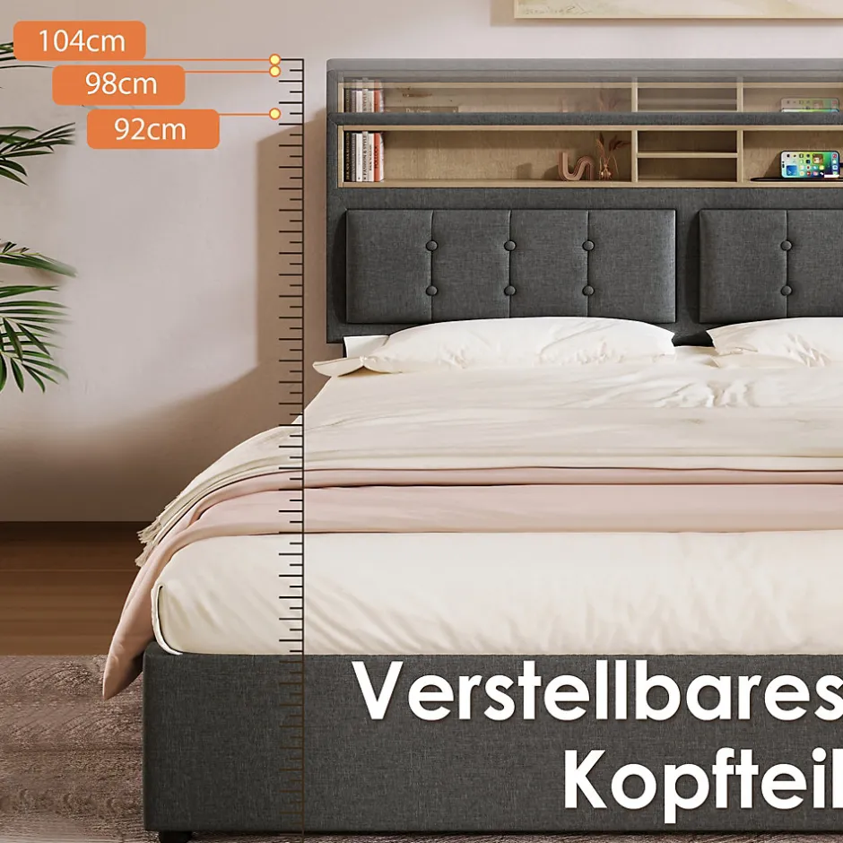 Generique Lit avec rangement 160 x 200 cm - Lit avec 4 tiroirs et tête de lit avec prise USB-C - Lin + Bois massif - Sans Matelas - Gris