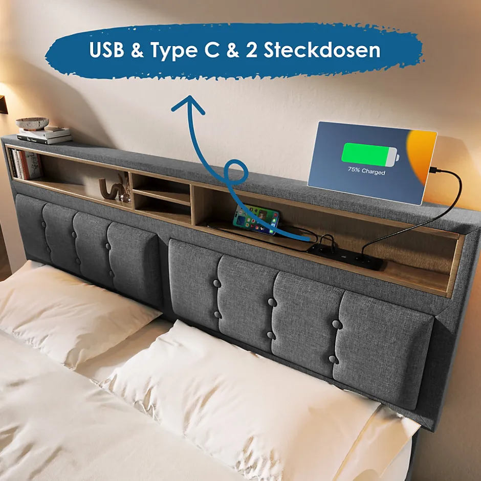 Generique Lit avec rangement 160 x 200 cm - Lit avec 4 tiroirs et tête de lit avec prise USB-C - Lin + Bois massif - Sans Matelas - Gris