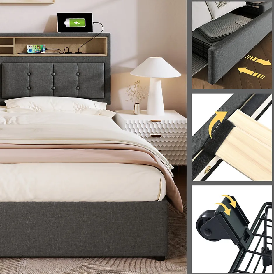 Generique Lit avec rangement 160 x 200 cm - Lit avec 4 tiroirs et tête de lit avec prise USB-C - Lin + Bois massif - Sans Matelas - Gris