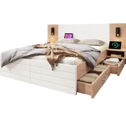 Okwish Lit avec rangement 160 x 200 cm - Lit Double avec Lampes et USB - Bois MDF - Sans Matelas - Blanc Chêne Online