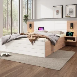 Okwish Lit avec rangement 160 x 200 cm - Lit Double avec Lampes et USB - Bois MDF - Sans Matelas - Blanc Chêne Online