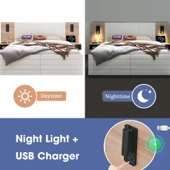 Okwish Lit avec rangement 160 x 200 cm - Lit Double avec Lampes et USB - Bois MDF - Sans Matelas - Blanc Chêne Online