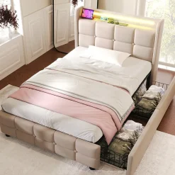 Okwish Lit avec rangement 90 x 200 cm - Lit Simple avec Tiroirs et LED - Lin Bois Métal - Sans Matelas - Beige