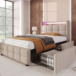 Okwish Lit avec rangement 90 x 200 cm - Lit Simple avec Tiroirs et LED - Lin Bois Métal - Sans Matelas - Beige