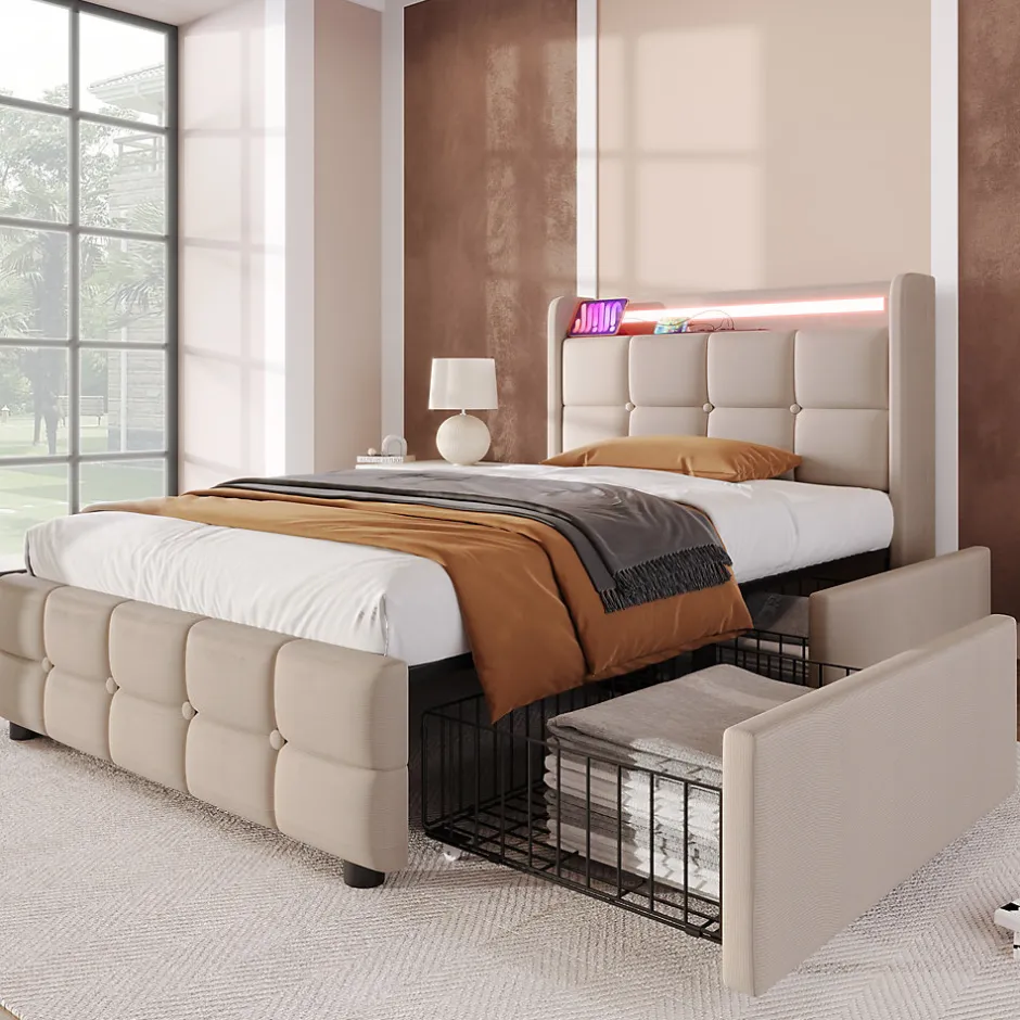 Okwish Lit avec rangement 90 x 200 cm - Lit Simple avec Tiroirs et LED - Lin Bois Métal - Sans Matelas - Beige