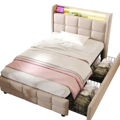 Okwish Lit avec rangement 90 x 200 cm - Lit Simple avec Tiroirs et LED - Lin Bois Métal - Sans Matelas - Beige