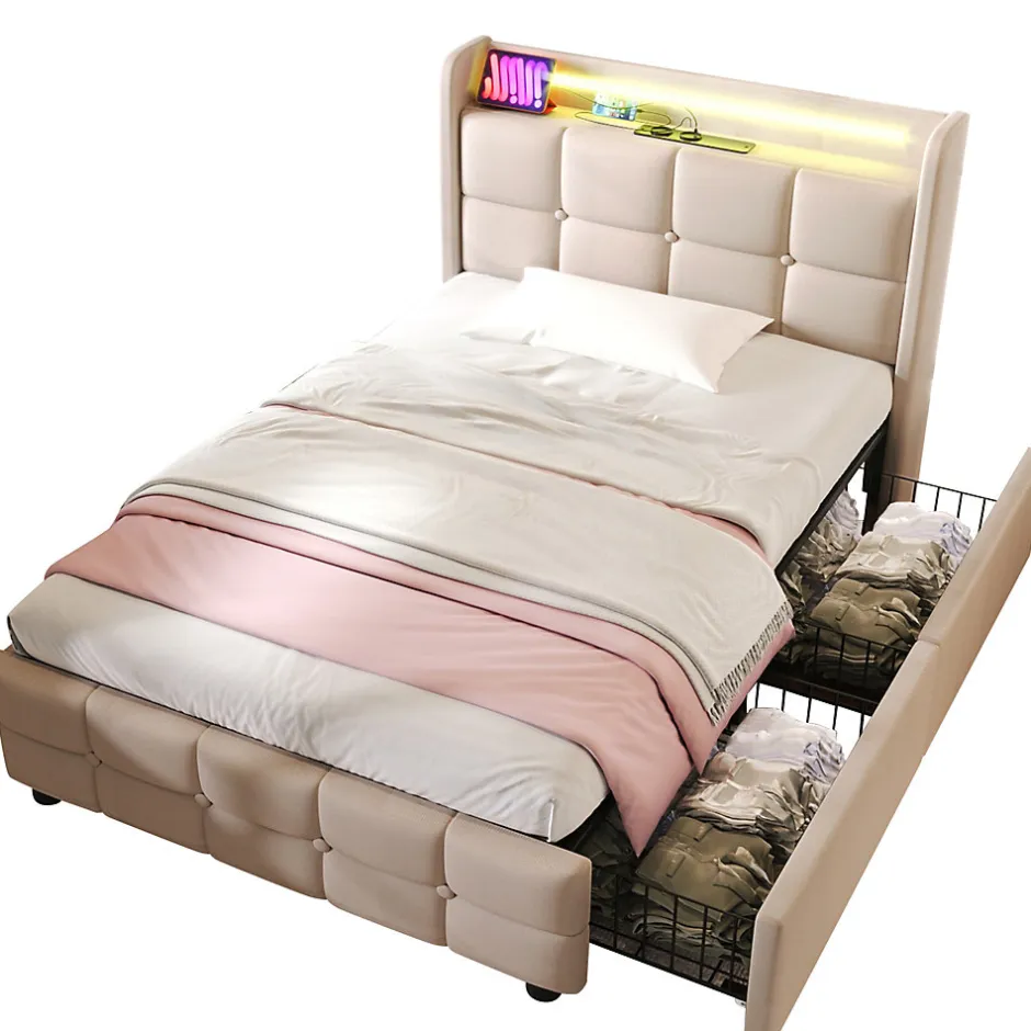 Okwish Lit avec rangement 90 x 200 cm - Lit Simple avec Tiroirs et LED - Lin Bois Métal - Sans Matelas - Beige