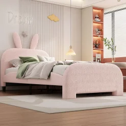 Okwish Lit avec rangement 90 x 200 cm - Lit Simple avec 2 Tiroirs - Peluche + MDF - Sans Matelas - Rose Hot