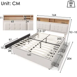Okwish Lit avec rangement 160 x 200 cm - Lit double avec 4 tiroirs et tête de lit réglable - Avec Matelas - Beige