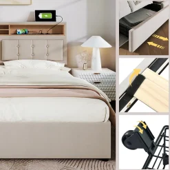 Okwish Lit avec rangement 160 x 200 cm - Lit double avec 4 tiroirs et tête de lit réglable - Avec Matelas - Beige