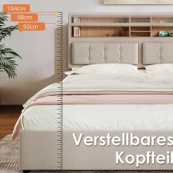 Okwish Lit avec rangement 160 x 200 cm - Lit double avec 4 tiroirs et tête de lit réglable - Avec Matelas - Beige