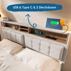 Okwish Lit avec rangement 160 x 200 cm - Lit double avec 4 tiroirs et tête de lit réglable - Avec Matelas - Beige