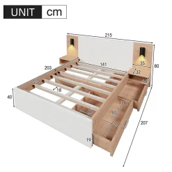 Okwish Lit avec rangement 140 x 200 cm - Lit Double avec Lampes et USB - Bois MDF - Sans Matelas - Blanc Chêne