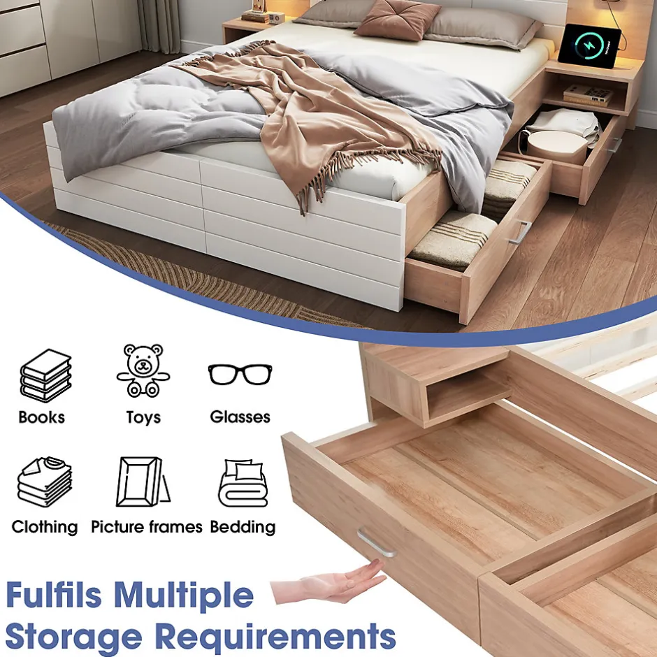 Okwish Lit avec rangement 140 x 200 cm - Lit Double avec Lampes et USB - Bois MDF - Sans Matelas - Blanc Chêne