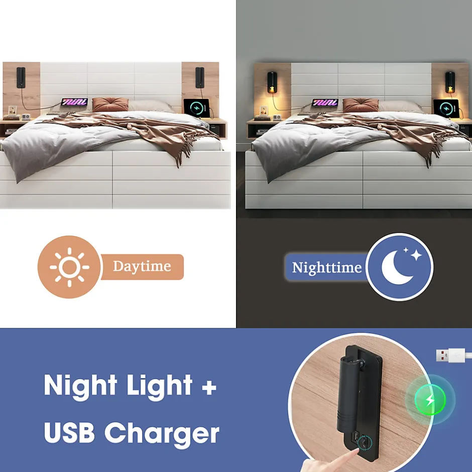 Okwish Lit avec rangement 140 x 200 cm - Lit Double avec Lampes et USB - Bois MDF - Sans Matelas - Blanc Chêne