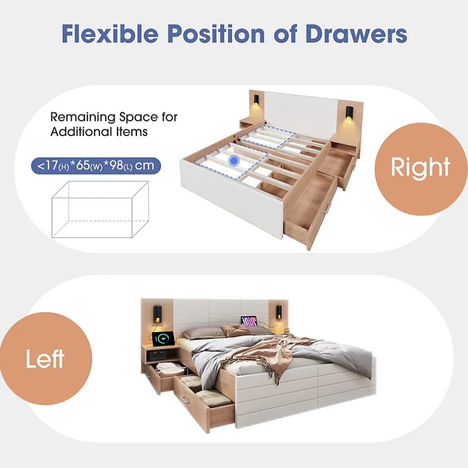 Okwish Lit avec rangement 140 x 200 cm - Lit Double avec Lampes et USB - Bois MDF - Sans Matelas - Blanc Chêne