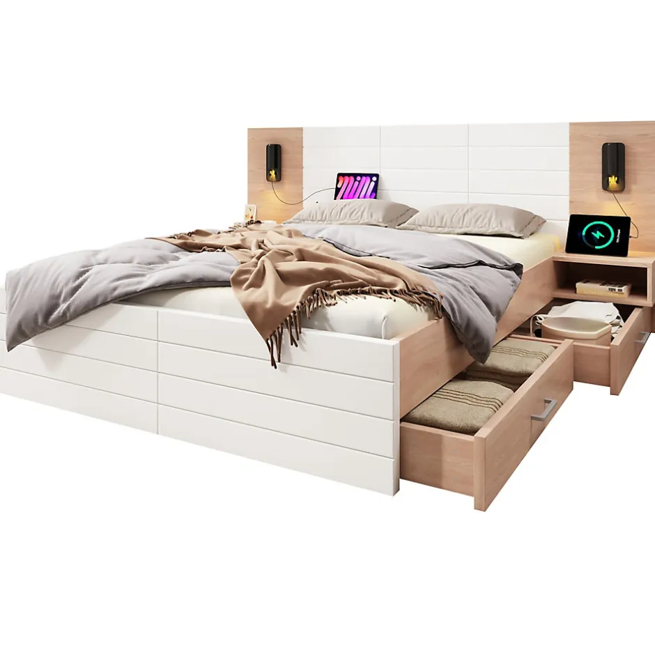 Okwish Lit avec rangement 140 x 200 cm - Lit Double avec Lampes et USB - Bois MDF - Sans Matelas - Blanc Chêne