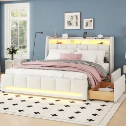 Okwish Lit avec rangement 140 x 200 cm - Lit Double avec 2 Tiroirs et Prise USB - Lin - Sans Matelas - Beige