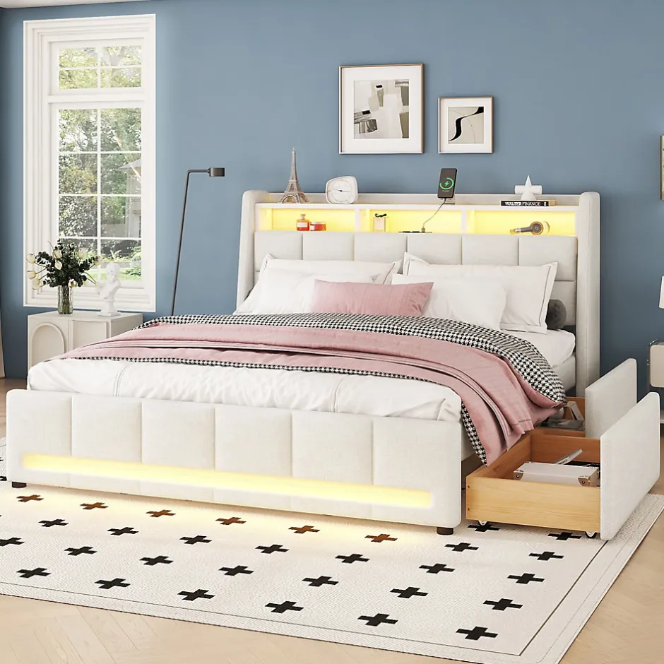 Okwish Lit avec rangement 140 x 200 cm - Lit Double avec 2 Tiroirs et Prise USB - Lin - Sans Matelas - Beige