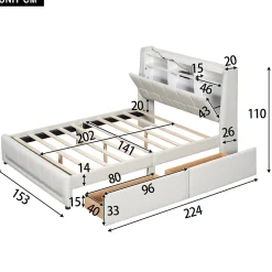 Okwish Lit avec rangement 140 x 200 cm - Lit Double avec 2 Tiroirs et Prise USB - Lin - Sans Matelas - Beige