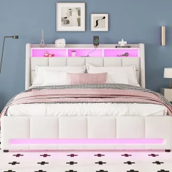 Okwish Lit avec rangement 140 x 200 cm - Lit Double avec 2 Tiroirs et Prise USB - Lin - Sans Matelas - Beige