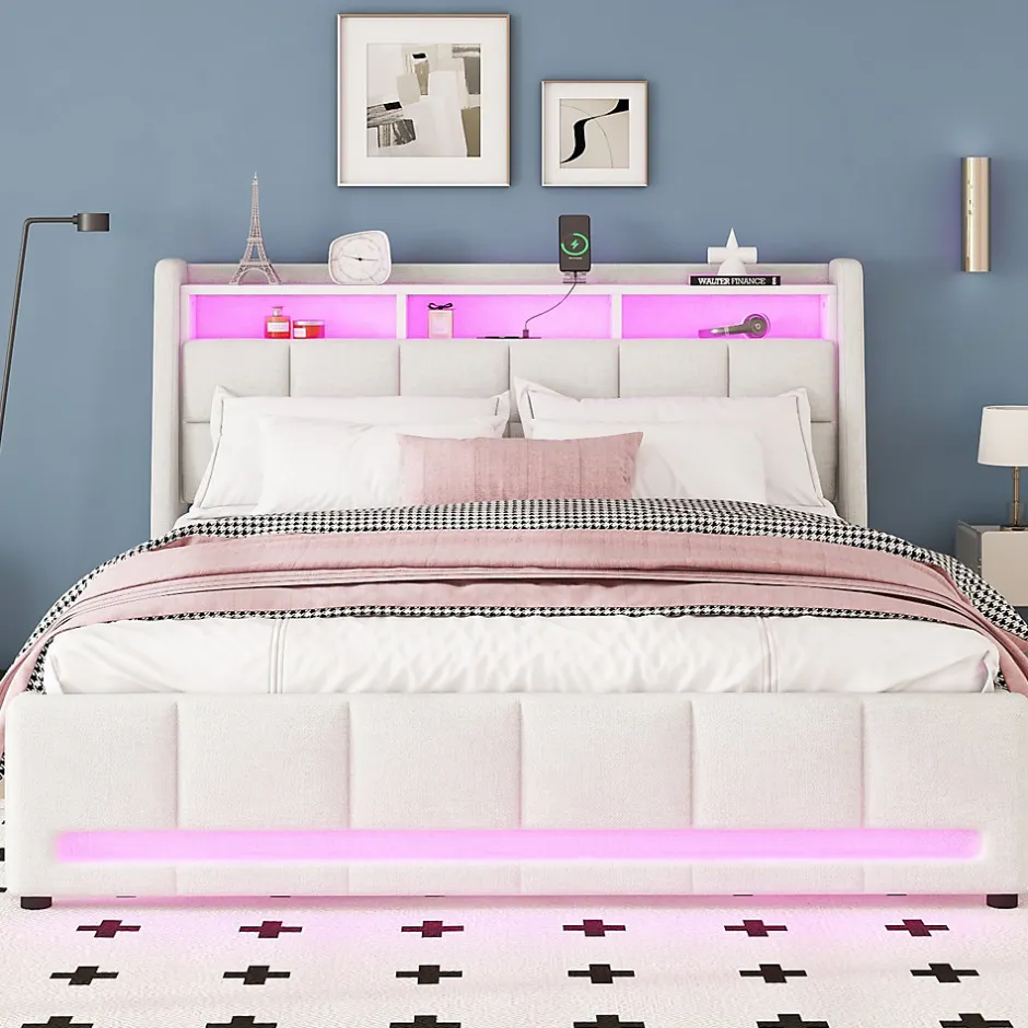 Okwish Lit avec rangement 140 x 200 cm - Lit Double avec 2 Tiroirs et Prise USB - Lin - Sans Matelas - Beige