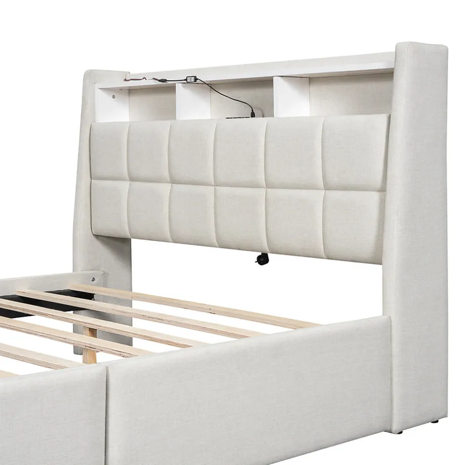 Okwish Lit avec rangement 140 x 200 cm - Lit Double avec 2 Tiroirs et Prise USB - Lin - Sans Matelas - Beige