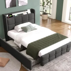 Okwish Lit avec rangement 90 x 200 cm - Lit Simple avec Tiroirs et LED - Lin Bois Métal - Sans Matelas - Gris