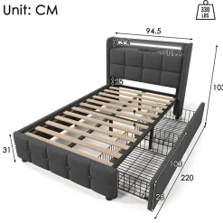 Okwish Lit avec rangement 90 x 200 cm - Lit Simple avec Tiroirs et LED - Lin Bois Métal - Sans Matelas - Gris
