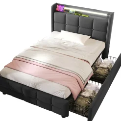 Okwish Lit avec rangement 90 x 200 cm - Lit Simple avec Tiroirs et LED - Lin Bois Métal - Sans Matelas - Gris