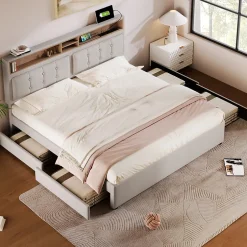 Okwish Lit avec rangement 140 x 200 cm - Lit avec 4 tiroirs, tête de lit avec prise USB-C - Lin + Bois massif - Sans Matelas - Beige