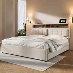 Okwish Lit avec rangement 140 x 200 cm - Lit avec 4 tiroirs, tête de lit avec prise USB-C - Lin + Bois massif - Sans Matelas - Beige