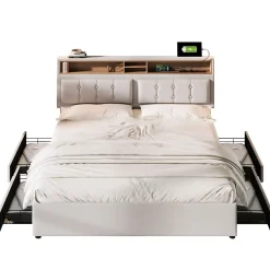 Okwish Lit avec rangement 140 x 200 cm - Lit avec 4 tiroirs, tête de lit avec prise USB-C - Lin + Bois massif - Sans Matelas - Beige